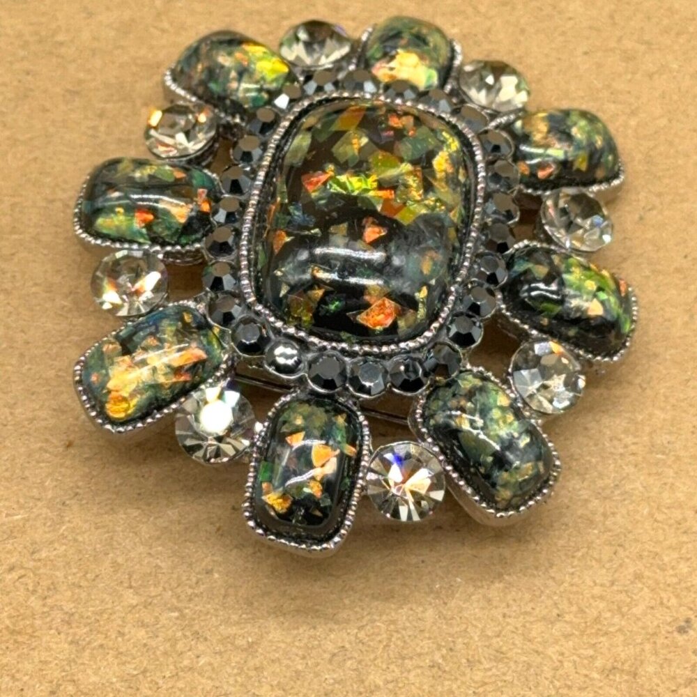 SNK Confetti Brooch Silver Tone Metallic Iridescent Green Gold Smoky Faceted 2" - Picture 4 of 8